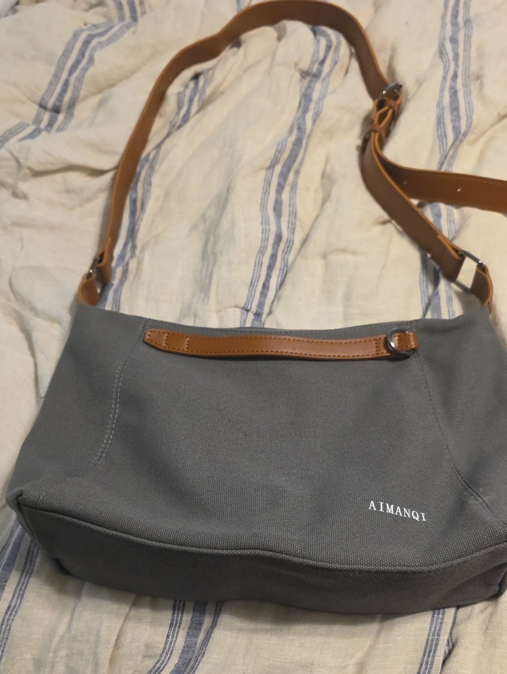 NWOT Gray Canvas Shoulder/crossbody Bag with Tan Strap